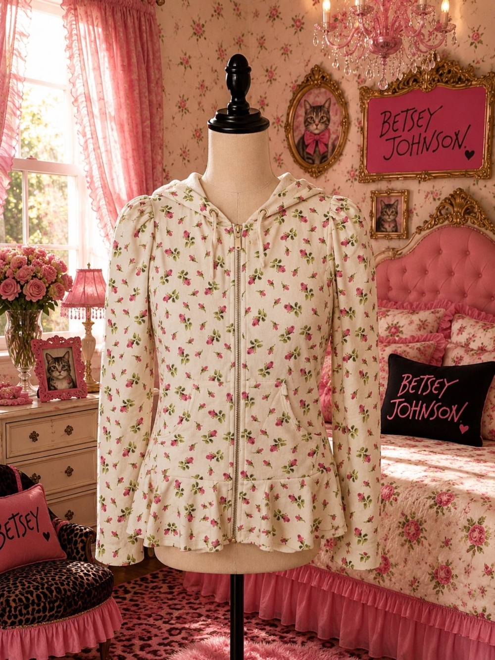 Vintage Y2K Betsey Johnson Cream Floral Zip Hoodie with Peplum Hem